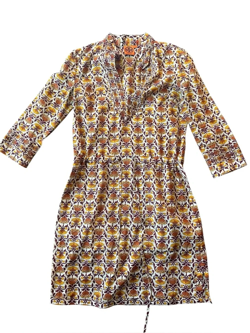 Tory Burch Cotton Mustard Yellow & Burgundy Floral Print Tunic Size 0 XS
